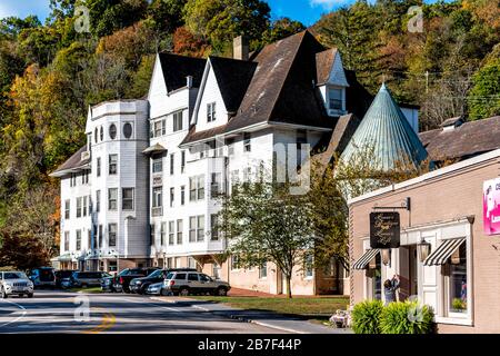 Hot Springs, USA - October 18, 2019: Historic downtown town village city in Virginia countryside with old building architecture Stock Photo