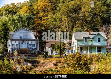 Hot Springs, USA - October 18, 2019: Historic downtown town city in Virginia countryside with autumn season and old houses Stock Photo