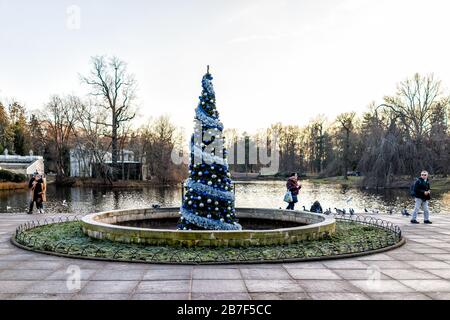 Warsaw, Poland - December 20, 2019: People walking by decorated Christmas tree and ducks seagulls by lake at Warszawa Lazienki or Royal Baths Park at Stock Photo