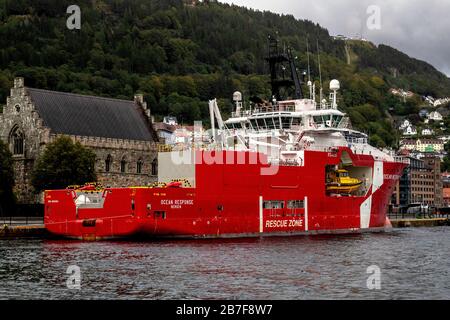 Offshore multi service standby rescue vessel Ocean Response in the port of Bergen, Norway. Stock Photo