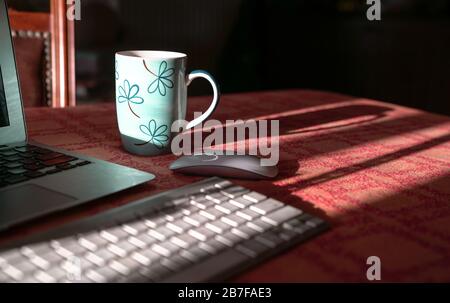 Laptop with wireless keyboard and mouse and coffee in mug. Focus on mug. Work from home or technology concept. Stock Photo