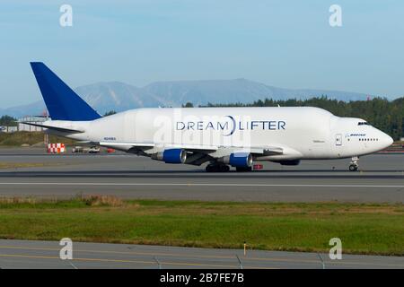 Modified Boeing 747 know as Dreamlifter used to transport Boeing 787 Dreamliner aircraft components such as wings and fuselage. Anchorage, AK, USA. Stock Photo