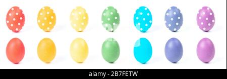 Multi-colored eggs with a pattern isolated on a white background. Easter concept. Stock Photo