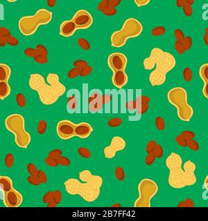 Tasty Peanut Seamless Pattern Isolated on Green Background. Nut Seeds Stock Vector