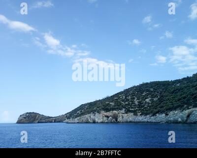 Kelyfos Turtle Island Horizontal close up. Kelyfos island between Sithonia and Kassandra near Neos Marmaras. Stock Photo