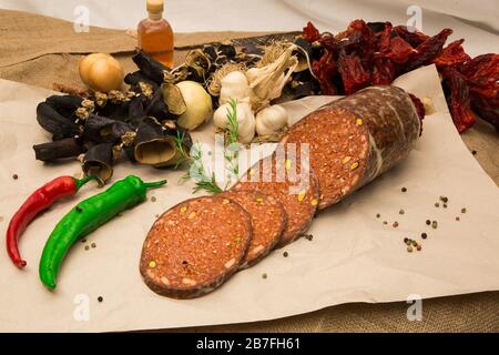 Sugiuc Turkish sausage golden sucuk. Sujuk (sucuk), a dry spicy sausage on ...