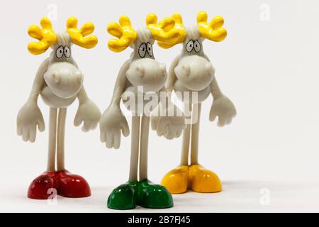 Umea, Norrland Sweden - February 12, 2020: three plastic moose for the game Helge Stock Photo