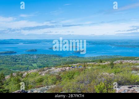 Amazing view of beautiful small islands from Cadillac mountain in Acadia National Park Maine USA Stock Photo