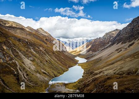 The Tshophu Twin Lakes as viewed from down the valley on a sunny day in Bhutan Stock Photo