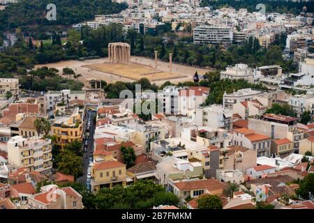 A view of the Temple of Olympian Zeus, as seen from atop the Acropolis of Athens, Greece Stock Photo