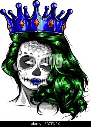 Female skull with a crown and long hair. Queen of death drawn in tattoo style. Vector illustration. Stock Vector