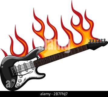 Rock star or band fire logo brand. Electric guitar fiery and flame musical vector sign. Stock Vector