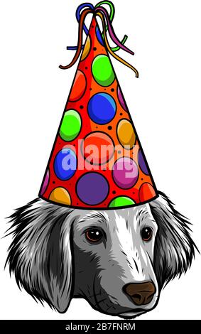 Festive poster. Puppy Beagle in a Party hat. Vector illustration. Stock Vector