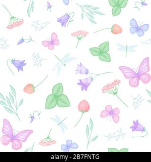 Pastel floral seamless pattern with flowers, butterflies and dragonflies. Vector illustration. Stock Vector