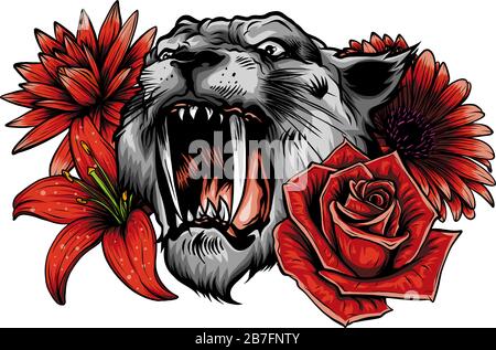 the face of a tiger in the leaves of tropical plants in the circle, sketch vector graphics color illustration Stock Vector