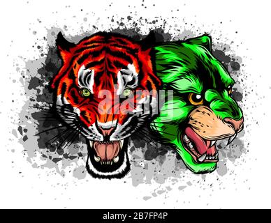 Lion and Tiger growling opposite each other, open an embittered mouth, canines, hand drawn doodle, sketch in pop art style, vector illustration Stock Vector