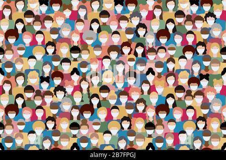 Large crowd of diverse people wearing masks to prevent virus spread. Global corona virus pandemic concept vector illustration. Seamless pattern. Stock Vector