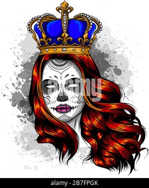 Female skull with a crown and long hair. Queen of death drawn in tattoo style. Vector illustration. Stock Vector