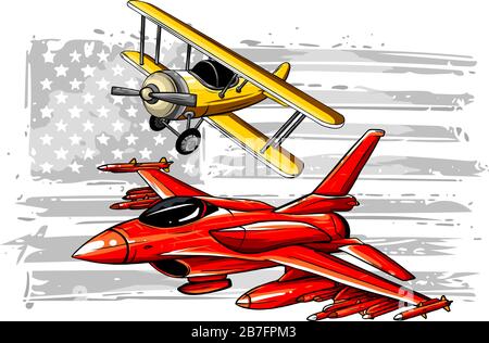 Vector Cartoon Fighter Plane. Twin-engine, variable-sweep wing multirole combat aircraft. Stock Vector