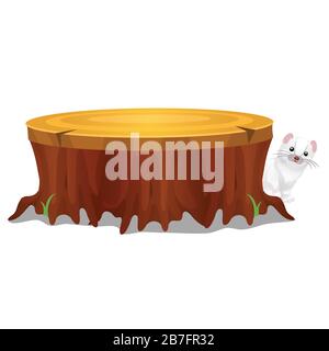 Old stump in the forest and Least Weasel or Mustela nivalis isolated on white background. Vector cartoon close-up illustration. Stock Vector