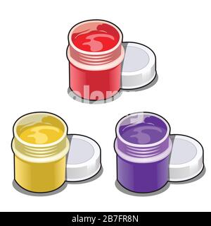Set of open plastic jars with colorful paint isolated on white background. Vector cartoon close-up illustration. Stock Vector