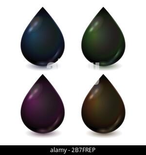 Vector set of different dark drops of crude or petrol isolated on white background. Realistic illustration. Template for petrochemical ad. Stock Vector