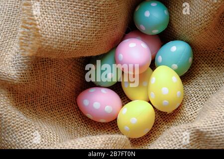 top view of easter eggs in a bowl on table  Stock Photo