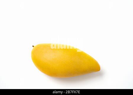 One whole mango fruit. Delicious ripe juicy fresh yellow mango isolated on white background. Exotic tropical fruits. Stock Photo