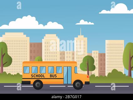 Yellow Bus Riding Back To School 1 September Flat Vector Illustration. Modern city on background Stock Vector