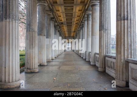 View into the so-called Säulengang: a passage with colonnades on the left and right. Located at the Kolonnadenhof (colonnade garden). Stock Photo