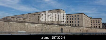 Panorama of Bundesministerium der Finanzen (federal ministry of finance). The building has a national socialist history. With remains of Berlin Wall. Stock Photo