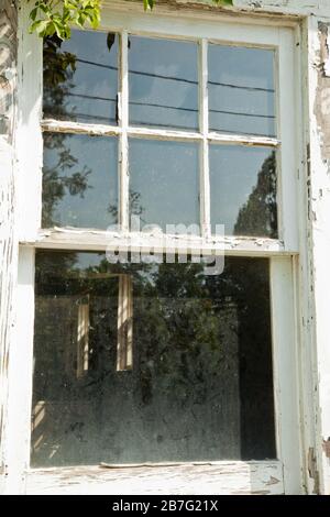 Old window with dusty glass and white cracking paint Stock Photo