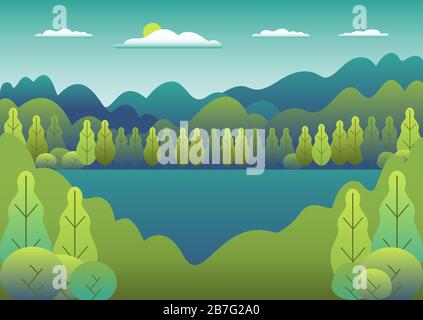 Hills landscape in flat style design. Valley with lake background. Beautiful green fields, meadow, mountains and blue sky. Rural location in the hill, Stock Vector