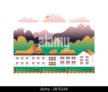 Rural valley Farm countryside isolated on white background. Village landscape with ranch in flat style design logo. Landscape with house farm, buildin Stock Vector