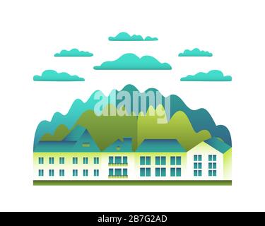 Rural valley Farm countryside isolated on white background. Village landscape with ranch in flat style design logo. Landscape with house farm, buildin Stock Vector
