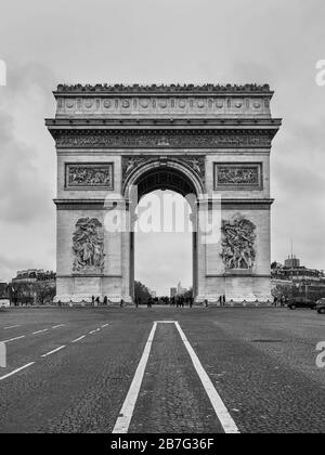 Paris, France - December 23, 2018: Triumphal Arch in Paris, Black and white, Monochrome view. Architecture and landmarks of Paris. Stock Photo