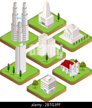Big collection of distinct  isometric city buildings Stock Vector