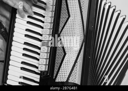 Accordionist plays vintage accordion. Black and white retro stylized photo Stock Photo