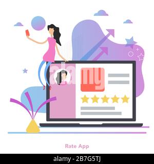 Pretty woman give a five star rating from mobile Stock Vector