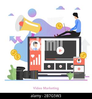 Square concept of Video Marketing in flat Stock Vector