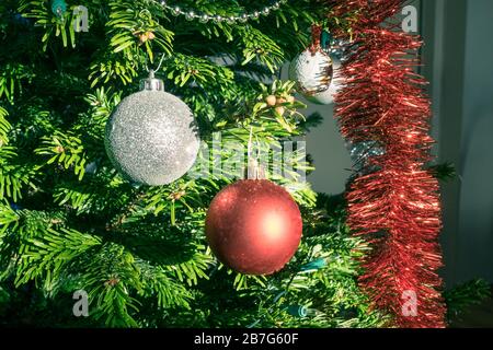 Christmas decoration on tree. Baubles and garlands in traditional Christmas tree. Stock Photo
