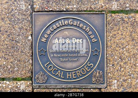 Bronze plaque for Ant and Dec on the Walk of Fame, Quayside, Newcastle. The most inspiring people from the past 60 years have been honoured with local heroes plaques Stock Photo