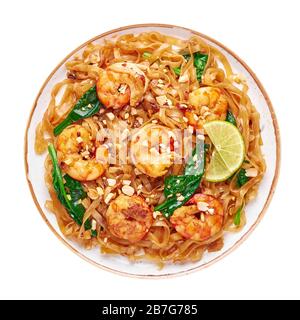 Prawn Pad See Ew isolated on white background. Pad See Ew is thai cuisine dish with rice noodles, prawns, soy and oyster sauces and greens. Thailand f Stock Photo