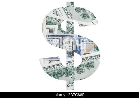 The dollar sign symbol is made of money on a white background Stock Photo