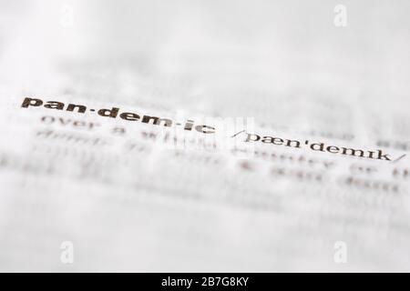 Pandemic - Focused close up view of a printed word in the dictionary Stock Photo