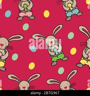 Easter seamless pattern design with bunnies on pink background Stock Vector