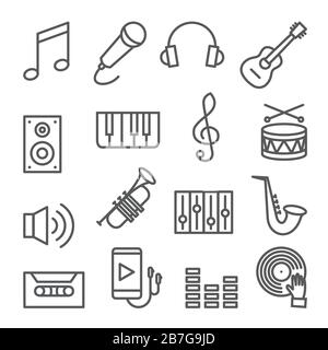 Music line icons set on white background Stock Vector