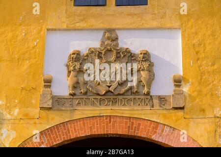 South Asia Sri Lanka Fort Galle colonial centre ancient harbour port old gate into town British crest coat of arms replaced the Dutch one window Stock Photo