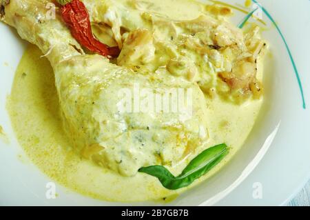 Kukul mas curry, Sri Lankan Chicken Curry, Sri Lankan   cuisine, Traditional assorted  dishes, Top view. Stock Photo