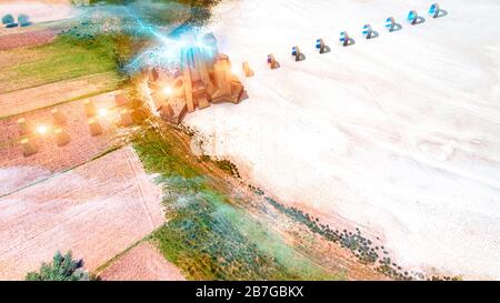 Sci-fi temple set on a salt pan, aerial view of an alien construction. Alien civilization, new worlds. Unearthly forces and energies. Stock Photo